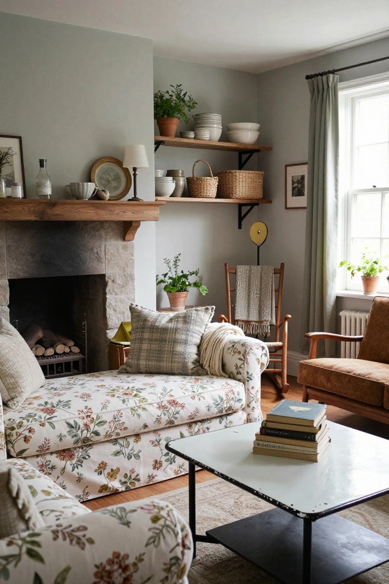 Cozy living room corner with stone fireplace, floral-upholstered chaise lounge, wooden shelves holding plants and pottery, rocking chair with plaid blanket, leather armchair, and white coffee table with stacked books.
