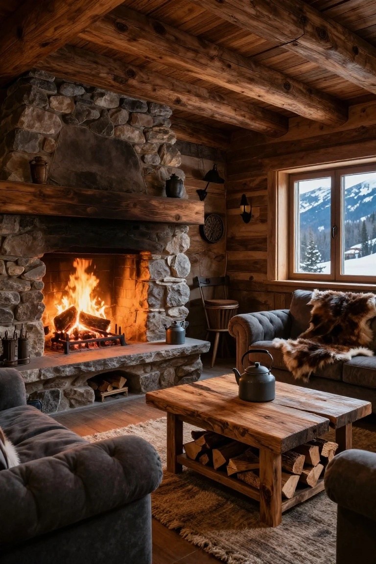 Log cabin living room with large stone fireplace, burning logs, wooden beams on ceiling and walls, tufted gray sofa with fur throw, wooden coffee table with teapot, and window showing snowy mountains.