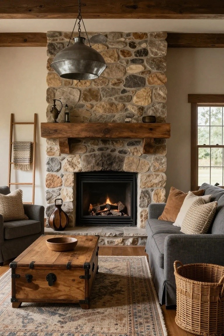 Cozy living room with a fieldstone fireplace under a wooden mantel, flanked by gray armchairs and sofa, wooden trunk coffee table on a patterned rug, ladder with blankets, pendant light, and window.