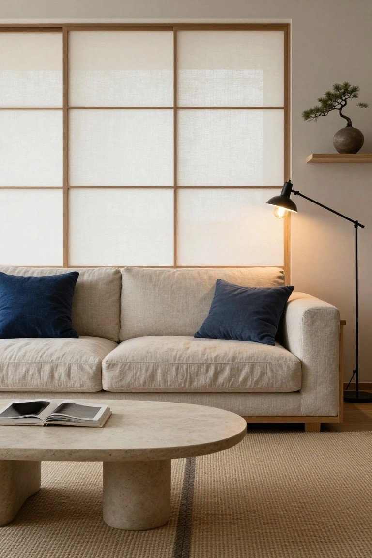 A minimalist living room with shoji screen windows, beige linen sofa with navy pillows, oval stone coffee table, black floor lamp, bonsai plant on wooden shelf, and beige rug.