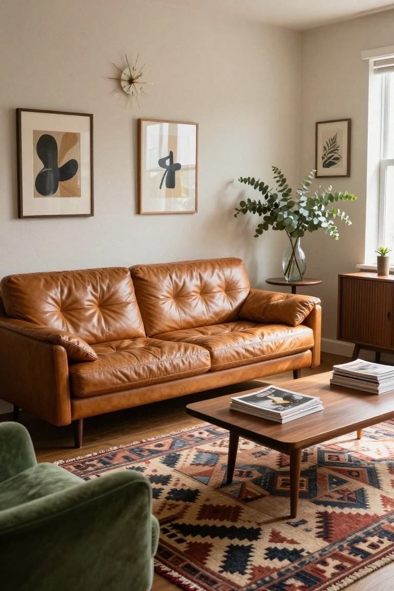 Living room with tan tufted leather sofa, wooden coffee table on patterned rug, green velvet armchair, neutral walls, abstract artworks, eucalyptus arrangement in glass vase, potted plant, and mid-century credenza.