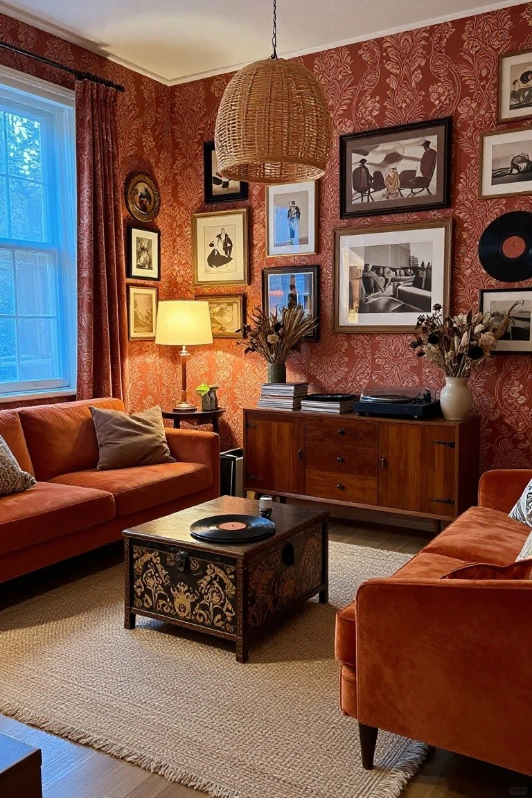Corner of a living room with two burnt orange velvet sofas facing each other across a carved wooden coffee table, ornate red floral wallpaper on walls, wooden credenza with turntable, gallery wall of framed art, rattan pendant light, and table lamp.