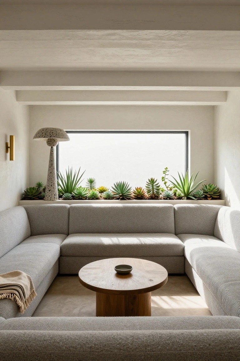 Minimalist living room featuring a light gray U-shaped sectional sofa around a round wooden coffee table with a small ceramic bowl, large built-in window sill overflowing with various succulents and agaves, sculptural pebble lamp on wall, and exposed ceiling beams.