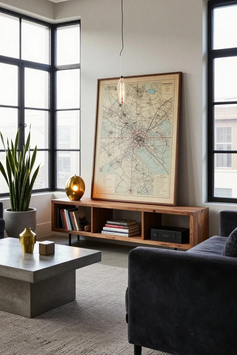 Living room corner with large framed vintage map of Lyon on beige wall next to black metal windows, wooden open shelving unit stocked with books and decor, tall potted snake plant, gold lamp, concrete coffee table holding vase and wood block, and dark gray velvet sofa.