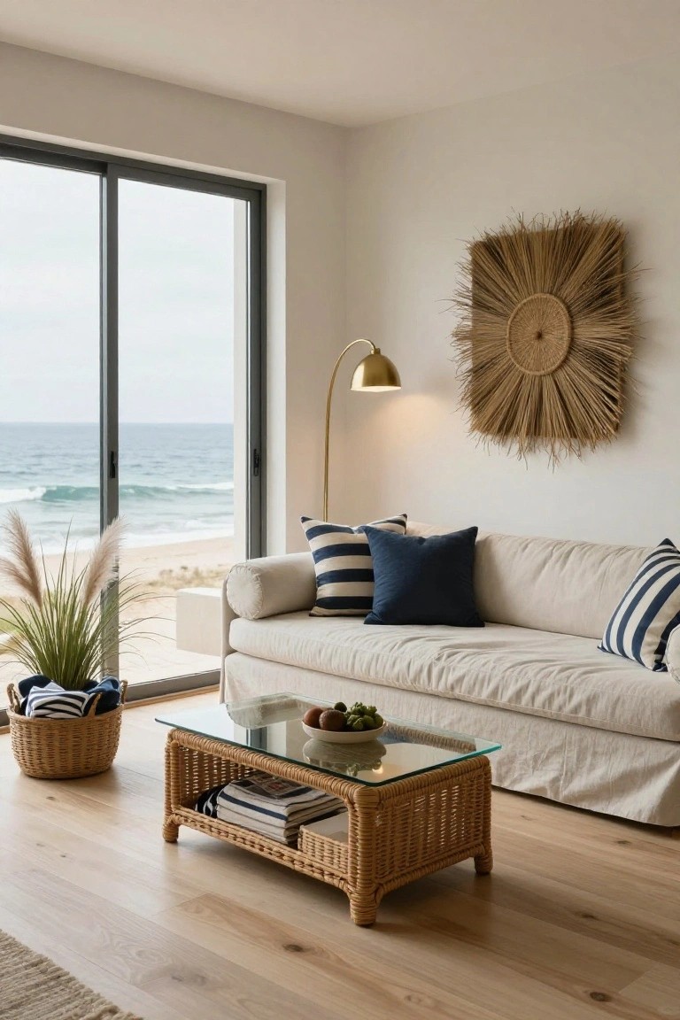 A light living room with a cream sofa accented by navy and striped pillows, a glass-topped rattan coffee table holding fruit and books, potted pampas grass, wicker baskets, a seagrass sunburst wall hanging, a gold arc lamp, and black-framed sliding doors opening to a beach and ocean view.