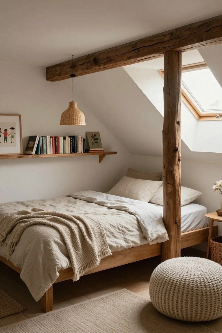 Attic bedroom with slanted white ceilings, exposed dark wooden beams and central post, low wooden bed draped in beige linens and throw, wall bookshelves, woven pendant light, side table, pouf, and rug on wood floor.