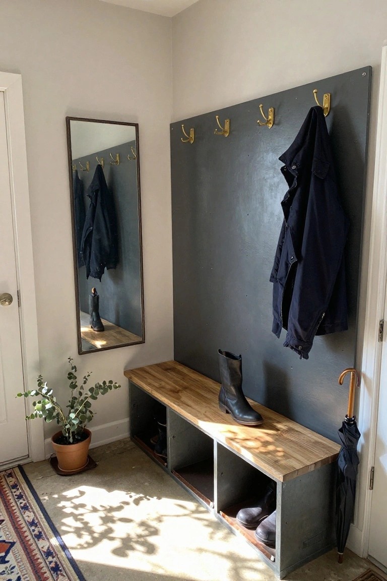 Gray entryway corner with wooden bench, metal storage cubbies holding black boots, brass hooks on gray panel with navy coats, tall narrow mirror, potted eucalyptus plant, black umbrella, and door.