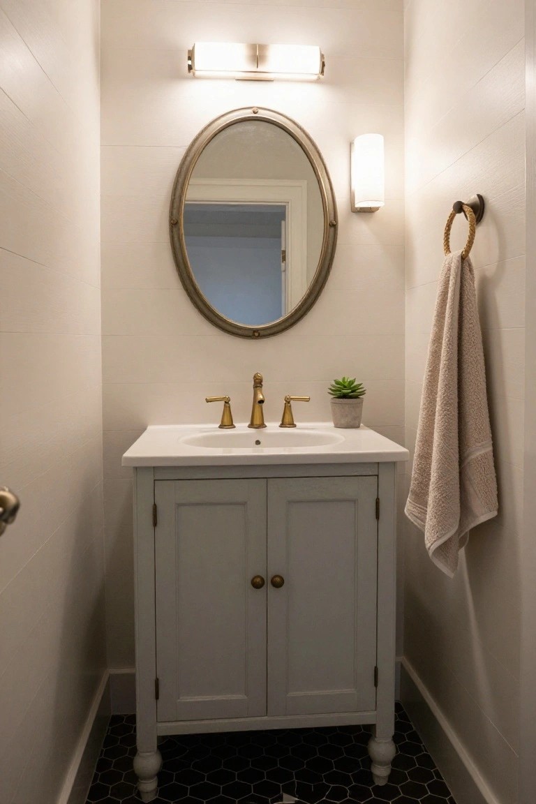 Small powder room with white shiplap walls, round brass mirror above a white sink on a light gray legged vanity with brass faucet, black hexagon floor tiles, succulent plant, and beige towel on a wall hook.