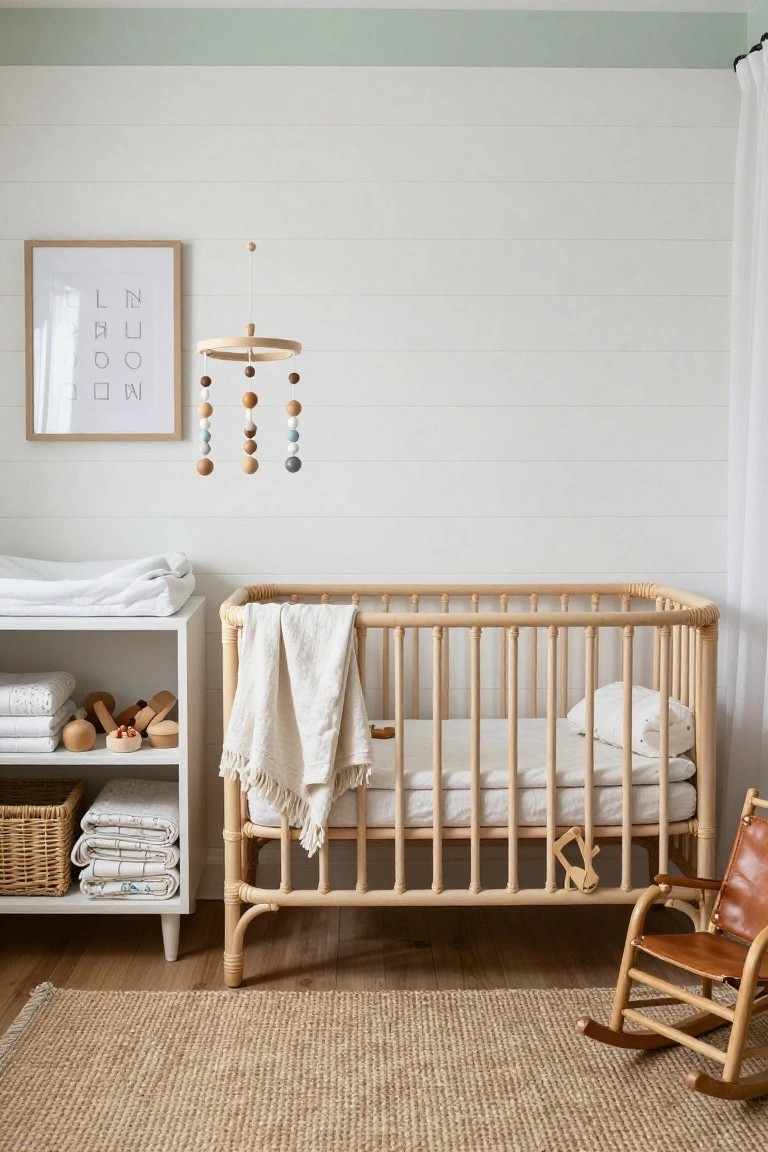 A nursery room with white shiplap walls, a beige rattan crib with white bedding, a white changing table with linens and wood toys, a wooden mobile, and a brown leather rocking chair on a seagrass rug.