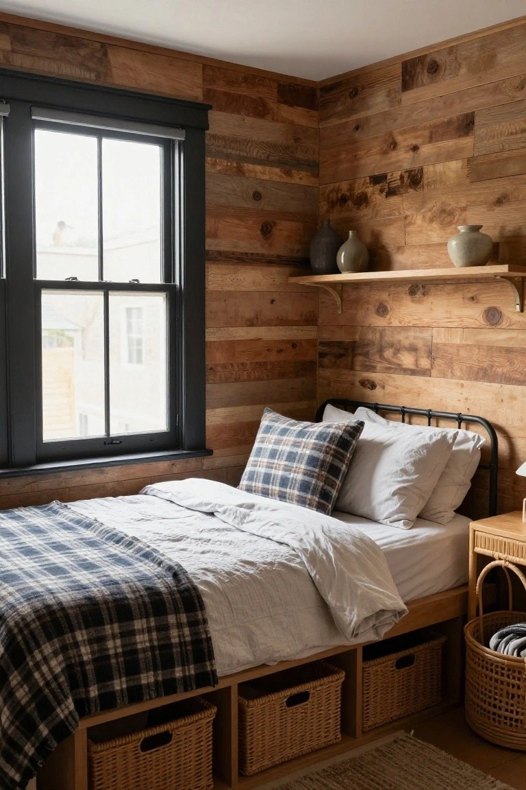 Small bedroom interior with horizontal reclaimed wood plank walls, black metal platform bed holding white sheets and plaid wool blanket, wicker baskets in under-bed compartments, ceramic vases on floating wood shelves, and double-hung window with black frame.