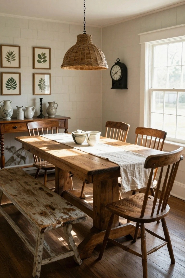 A sunlit dining room featuring a long wooden trestle table with a white runner, flanked by a weathered bench on one side and wooden chairs on the other, a woven pendant light overhead, botanical prints on white shiplap walls, and ceramic pitchers on a sideboard.