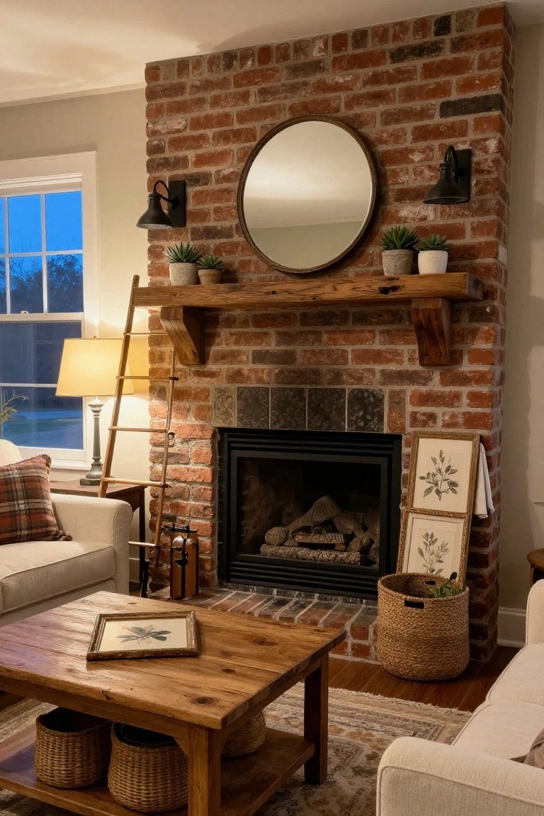 Cozy living room with exposed brick fireplace, wooden mantel shelf holding plants and round mirror, ladder shelf, beige sofas with plaid pillows, wooden coffee table with seagrass baskets, and lamp by window.