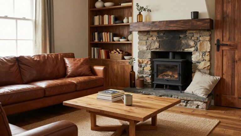 19 Cozy Rustic Living Room Ideas That Feel Effortlessly Inviting Living room with tall irregular stone fireplace wall enclosing a black metal wood stove, wooden mantel and floating shelves holding books ceramics plants and baskets, tan leather sofa low wooden coffee table beige jute rug and hardwood floors.