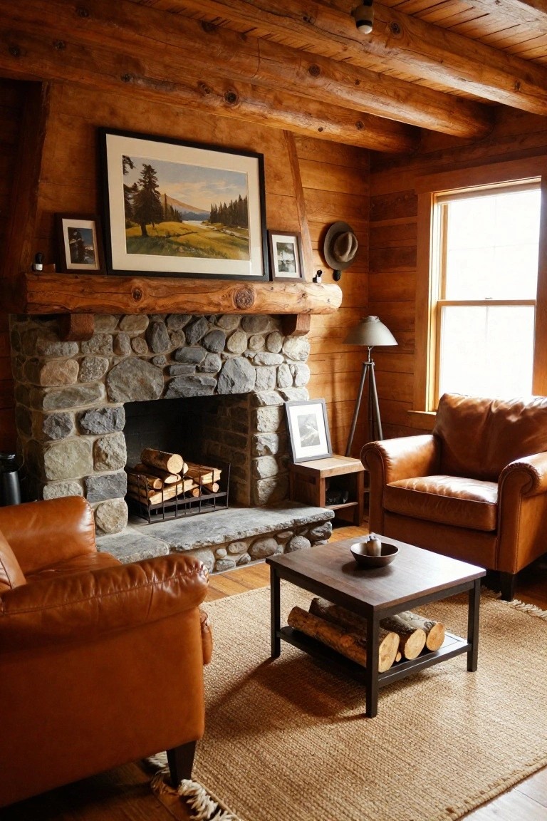 Rustic log cabin living room interior with wooden walls and ceiling, large fieldstone fireplace containing a fire, firewood rack, two tan leather armchairs, low wooden coffee table with firewood storage, side tables, framed artwork, and a window with natural light.