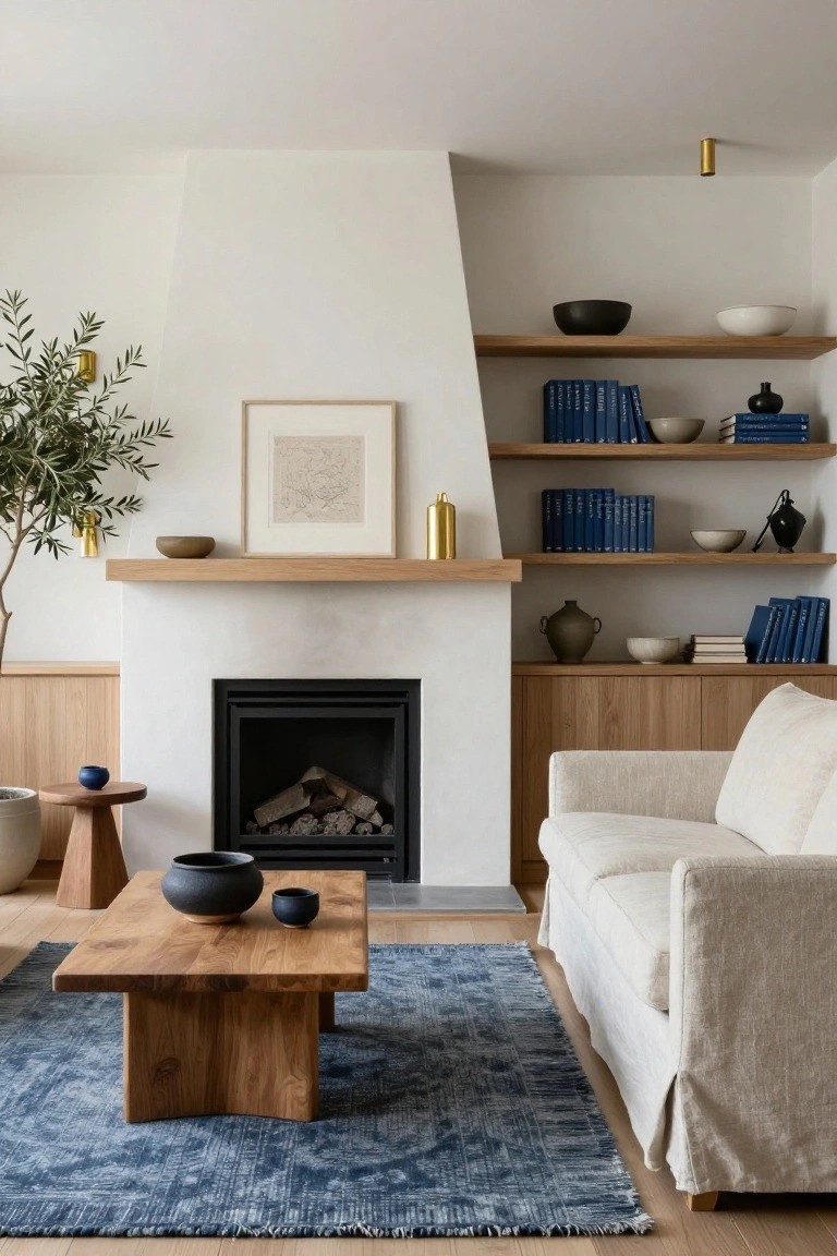 Living room with white plaster fireplace surrounded by oak mantel and built-in shelves holding blue books, ceramics, and vases, plus wooden coffee table on blue rug and cream slipcovered sofa.