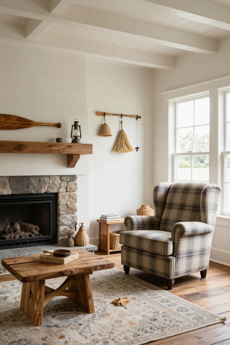 Living room with white shiplap walls, stone fireplace topped by thick wooden beam mantel holding a lantern and paddle, plaid wing chair, wooden coffee table on patterned rug, and window with trees outside.