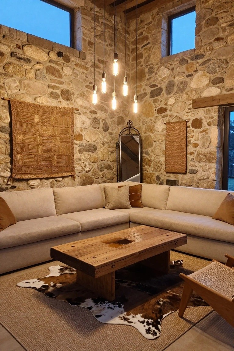 Rustic living room with exposed stone walls, L-shaped beige sofa, rectangular wooden coffee table, cowhide rug, hanging pendant lights, woven wall hangings, and a rattan chair.
