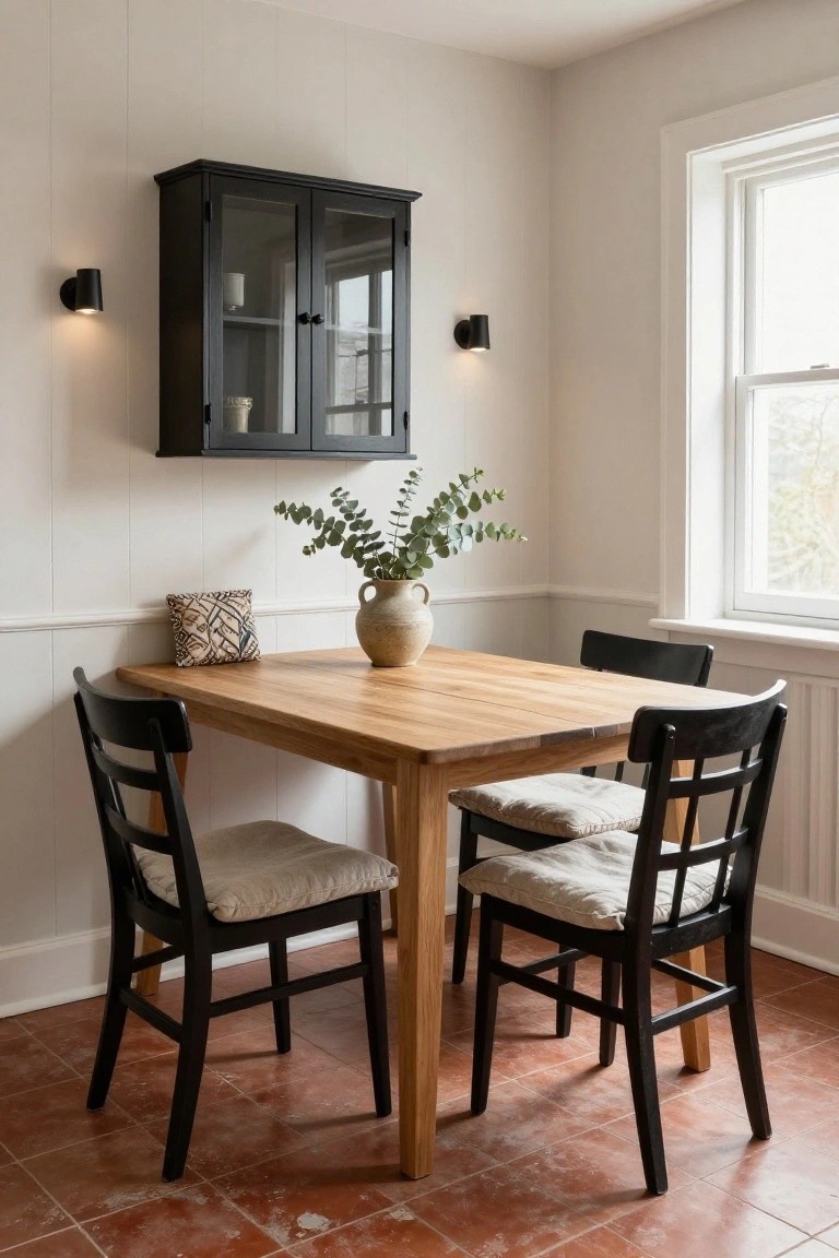 A small indoor dining area with a rectangular light oak table, four black ladder-back chairs with beige cushions, eucalyptus branches in a terracotta vase on the table, a small patterned pillow nearby, wall-mounted black glass-door cabinet, neutral paneled walls, white window, and terracotta tile floor.