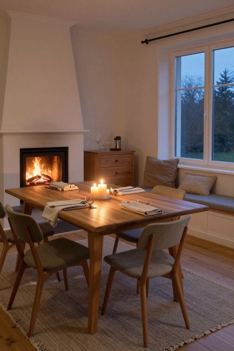 Scandinavian dining room featuring a wooden table with place settings and candles next to a lit fireplace, gray upholstered chairs, built-in bench by large windows showing trees at dusk, and wooden sideboard.