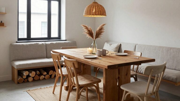 Cozy indoor dining corner with L-shaped beige fabric bench seat along black-framed windows overlooking a yard, wooden rectangular table with mixed chairs, woven pendant lamp overhead, pampas grass in glass vase, candles, and firewood stacked in built-in shelf below bench.