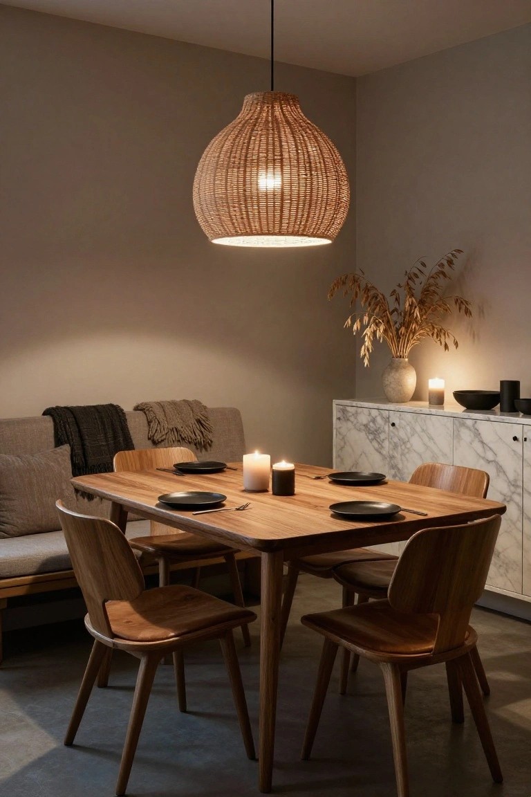 A dining room corner featuring a wooden table with black plates and utensils, four wooden chairs, a woven rattan pendant lamp overhead, several candles on the table, next to a gray sofa and marble cabinet against beige walls.