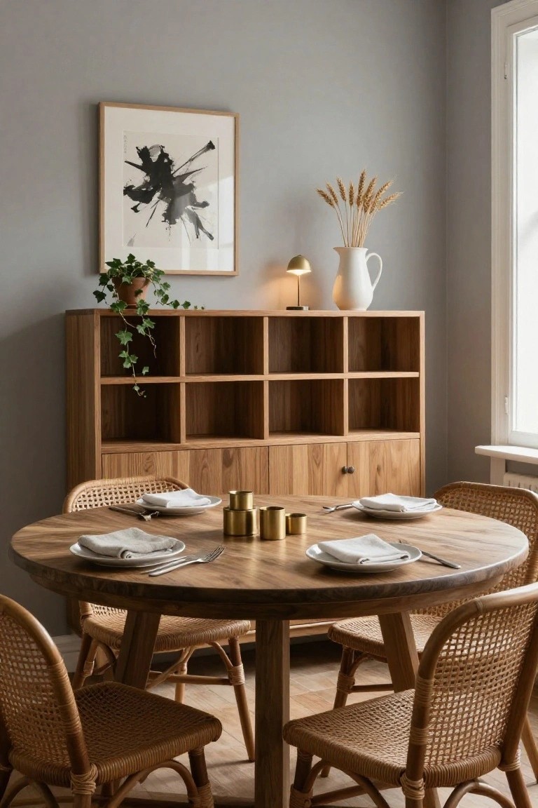 Modern dining room with round wooden table, rattan chairs, and minimalist decor.