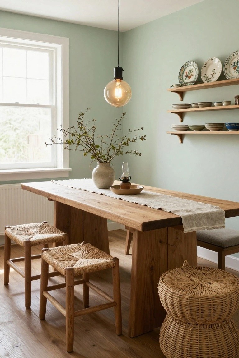 Sage green dining room with long wooden trestle table, rush-woven stools, wall-mounted wooden shelves holding plates and bowls, branches in a vase, pendant bulb light, and window light.