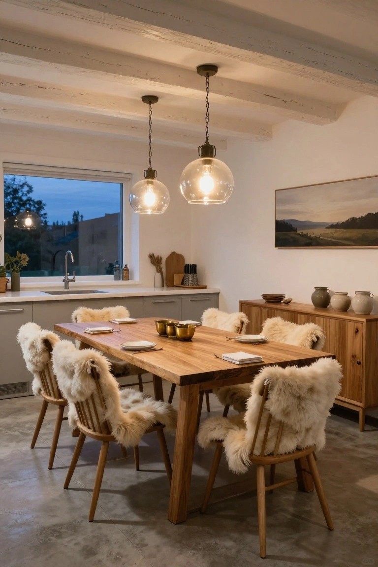 A dining area in a white-walled kitchen with exposed wood beams, featuring a large rectangular oak table surrounded by wooden chairs draped in white sheepskin throws, pendant globe lights overhead, and a window showing a dusk view outside.