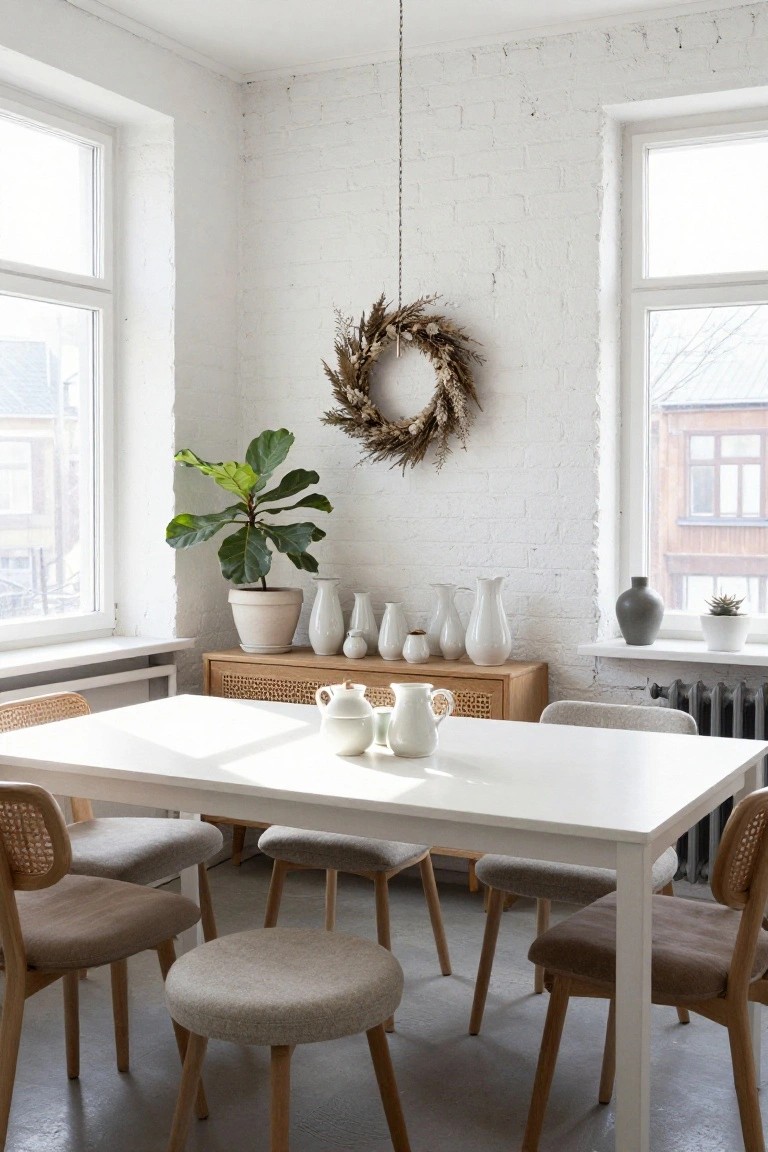 Bright corner dining room with exposed white brick walls, wooden rattan-fronted sideboard holding white ceramic vases and pitchers, white table with mixed rattan and upholstered chairs, potted ficus plant, dried wreath, and large windows overlooking buildings.