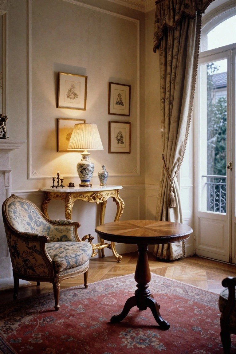 Traditional living room corner with gilded console table topped by blue-and-white porcelain vases, candelabra, and lamp on wall shelf, floral armchair, round pedestal table, red rug, framed artwork, and draped French doors to balcony.