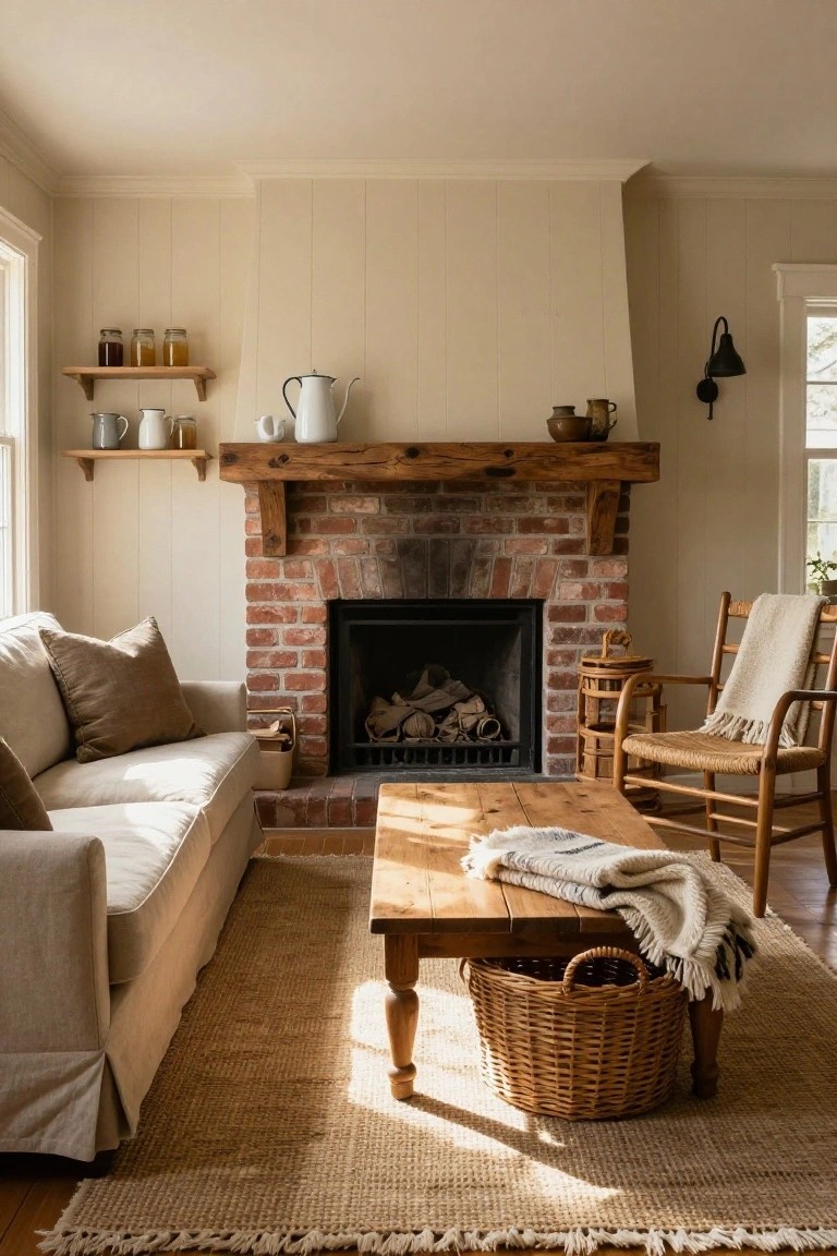 Living room with red brick fireplace under rough wood mantel, beige linen sofa, wooden coffee table, wicker chairs, seagrass rug, and shelves holding pottery and jars.