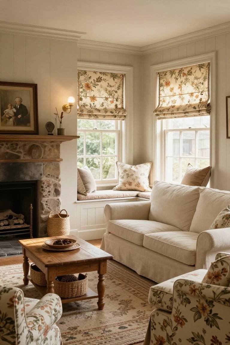 Cozy living room corner featuring a built-in window seat with cream cushions and floral pillows under two large windows with floral Roman shades, adjacent stone fireplace, cream slipcovered sofa and armchairs, wooden coffee table with woven baskets, and neutral paneled walls.