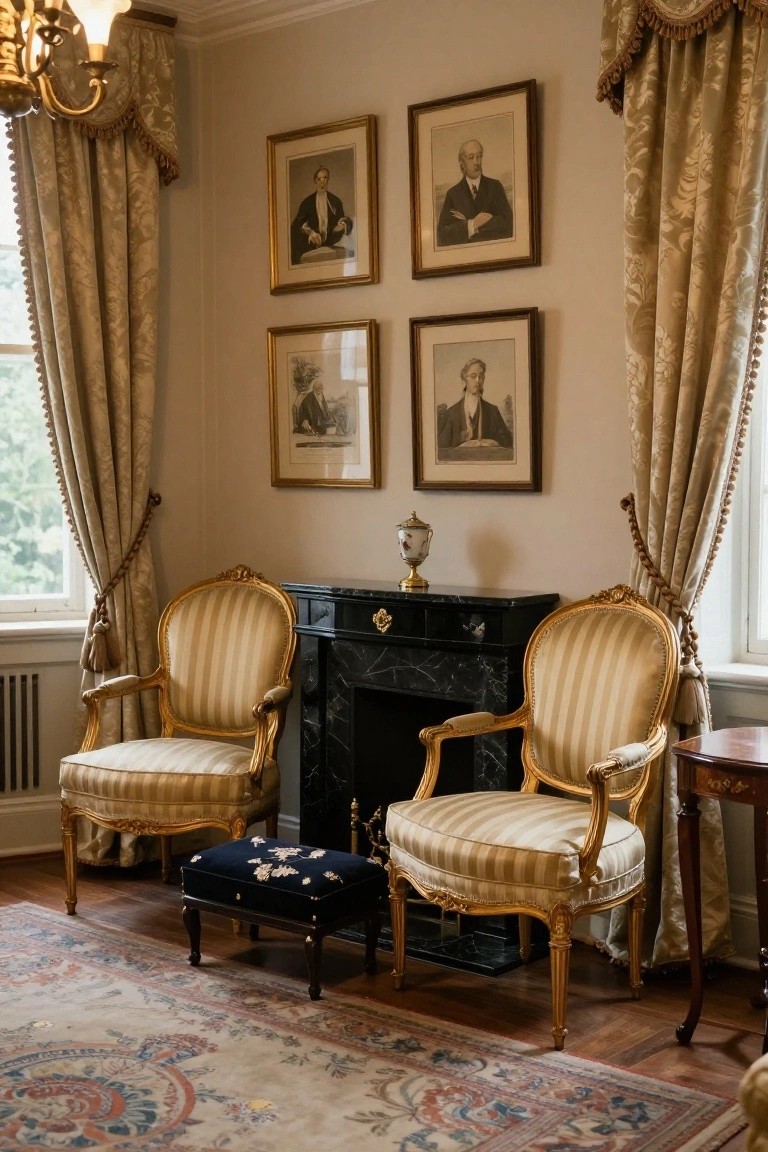 Two cream and beige striped armchairs with gold frames flank a black marble fireplace in a light beige room with gold-framed portraits on the walls, a small footstool, heavy beige drapes, and a patterned rug.