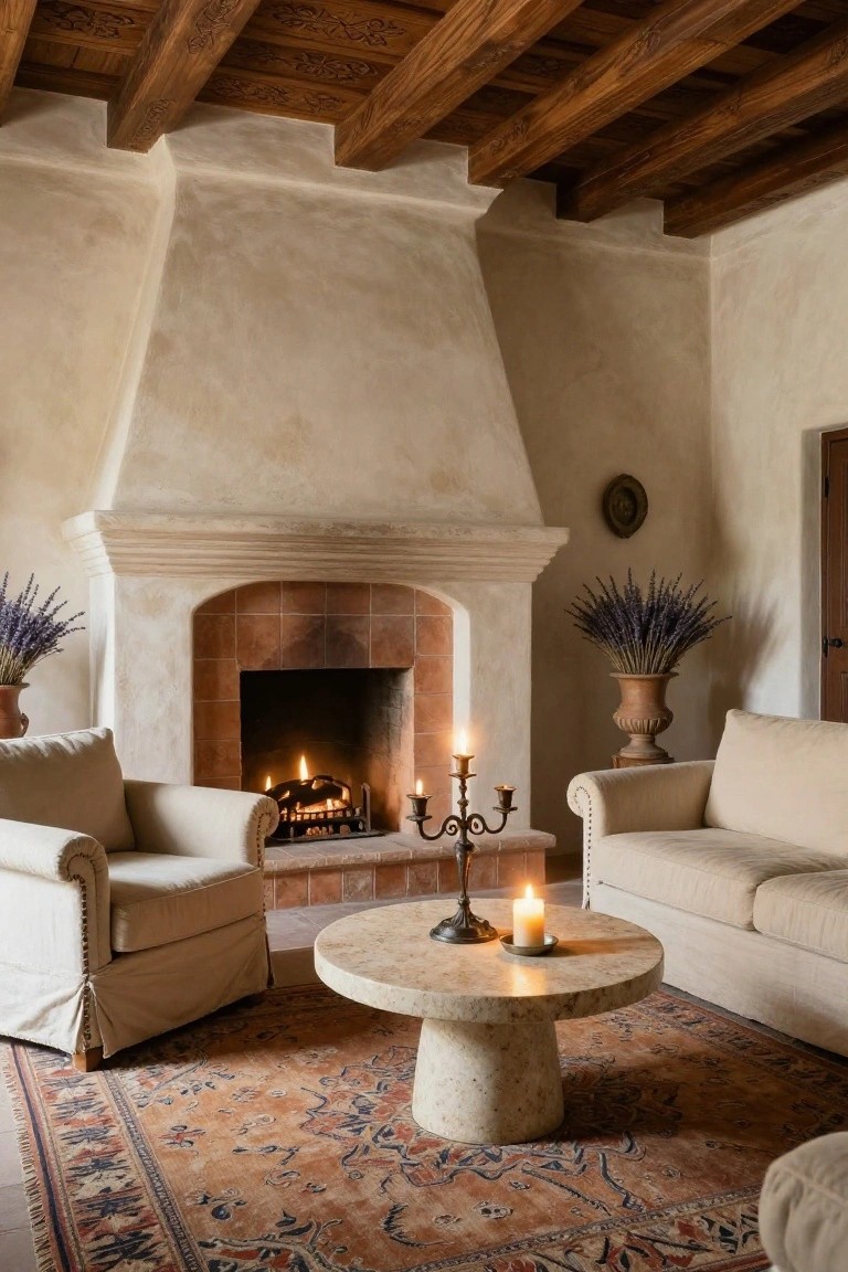 A cozy living room interior with dark exposed wooden beams on the ceiling, beige stucco walls, a large arched terracotta brick fireplace with lit fire and candelabra, two beige linen armchairs, a matching sofa, round stone coffee table with candle, lavender arrangements in terracotta pots, and a patterned oriental rug on the floor.