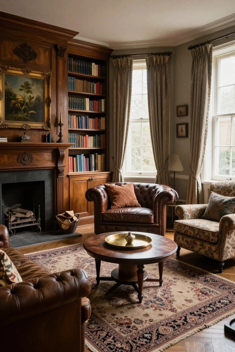 Wood-paneled library room with built-in bookshelves, ornate fireplace, tufted leather armchairs, brass tray on round table, and Persian rug on parquet floor.
