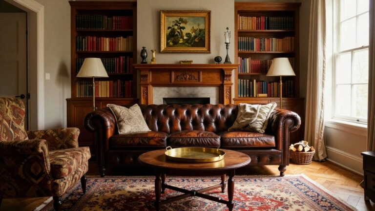 Wood-paneled library room with built-in bookshelves, ornate fireplace, tufted leather armchairs, brass tray on round table, and Persian rug on parquet floor.