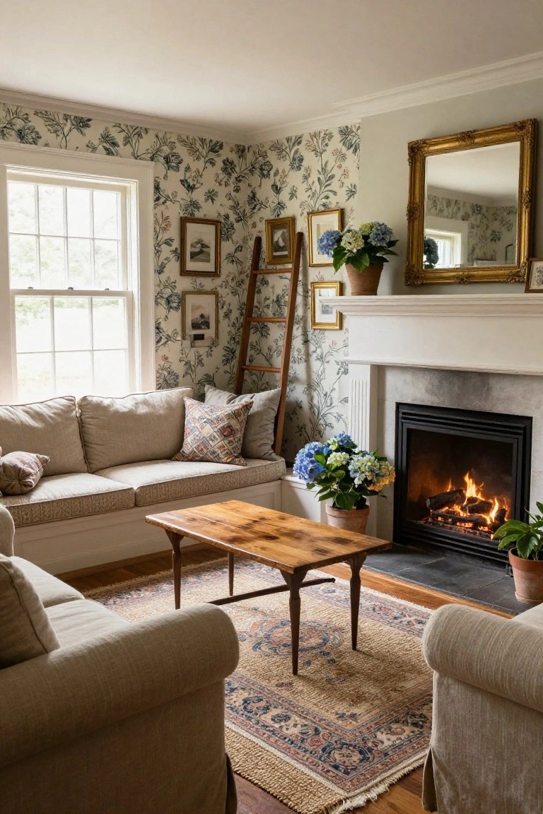 Cozy living room corner featuring blue floral wallpaper, a wooden ladder leaning against the wall displaying small framed artworks and plants beside a gold mirror, blue hydrangea arrangements on a white mantel over a lit stone fireplace, neutral slipcovered sofas, wooden coffee table, and Persian rug on hardwood floors.