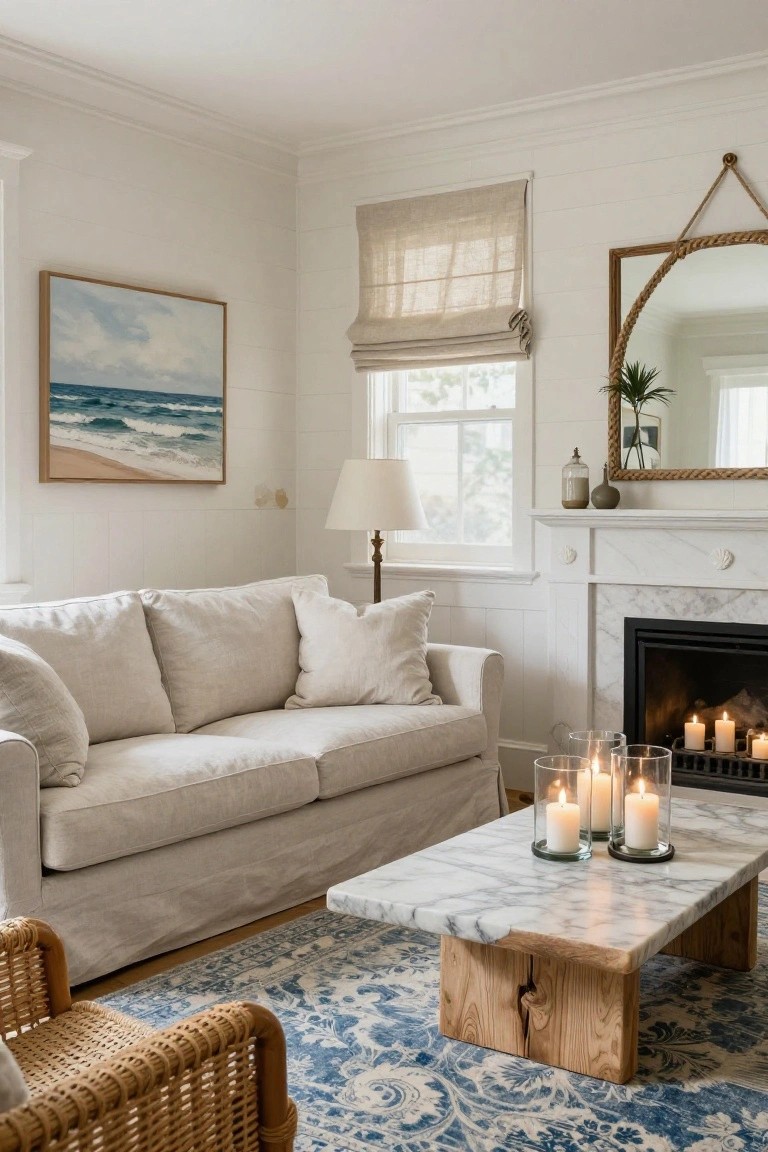 A cozy living room with white shiplap walls, beige linen sofa, white marble-top coffee table on natural wood legs holding glass candle holders with lit candles, lit marble fireplace, beach painting, rattan armchair, and blue patterned rug.