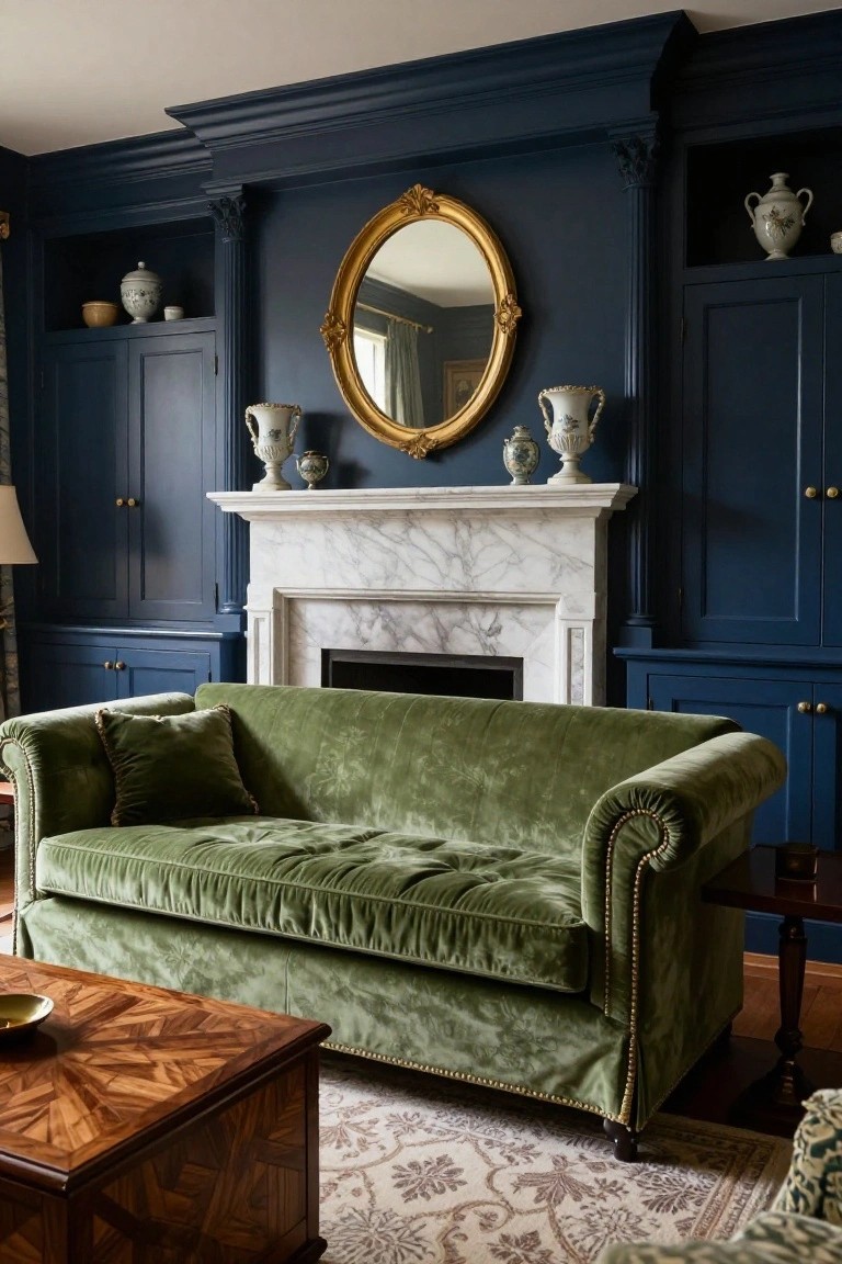 Traditional living room with navy blue paneled walls and built-in cabinetry, white marble fireplace topped by a gold mirror, emerald green velvet sofa, wooden coffee table, and patterned rug.