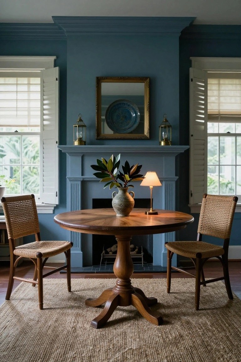 A round wooden pedestal table with two rattan chairs positioned in front of a fireplace in a room with teal walls, white shuttered windows, and gold lanterns on the mantel.