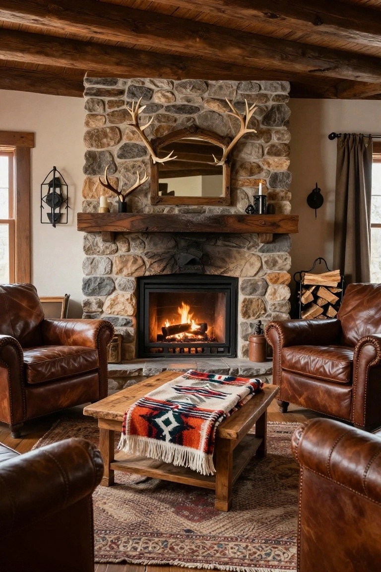 Cozy living room with a large stone fireplace, wooden mantel, antler decor over a mirror, four leather armchairs, wooden coffee table draped with a woven blanket, patterned rug, and woodpile beside the hearth.
