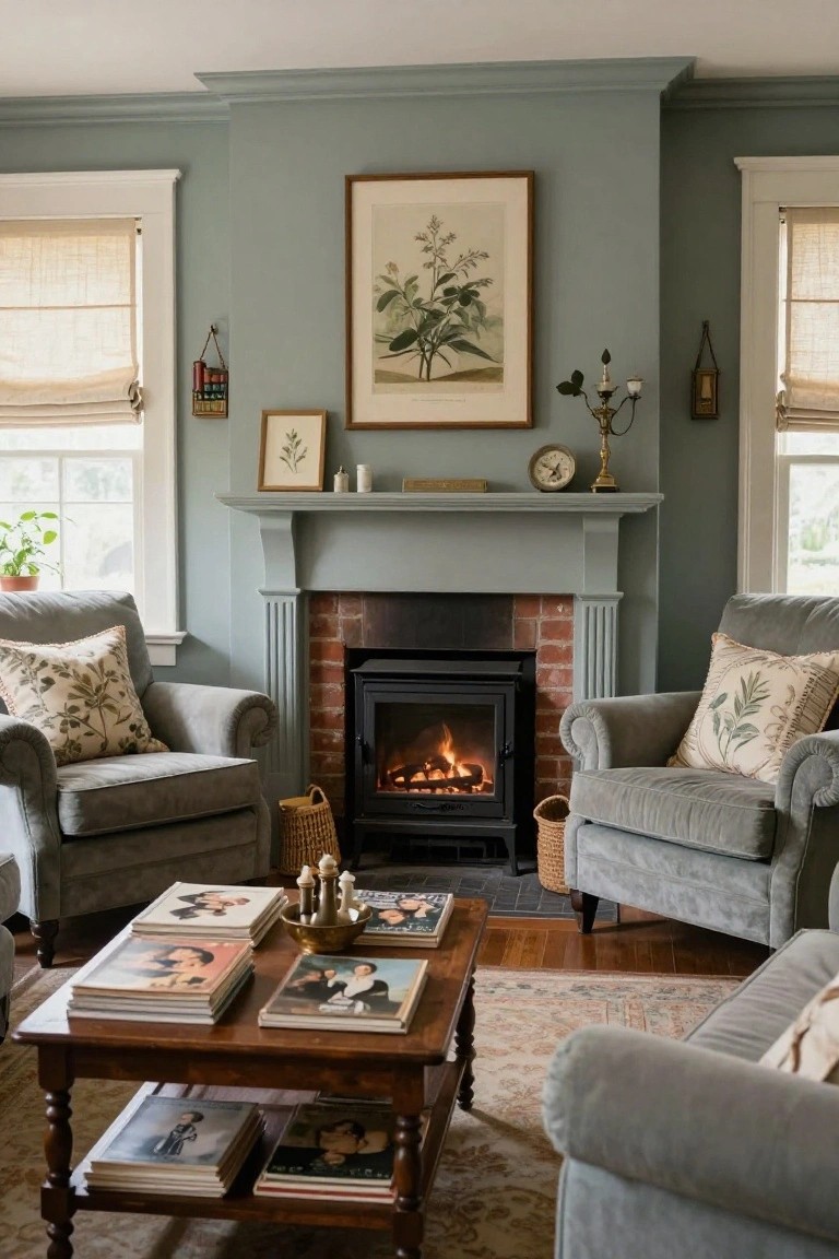 Traditional living room with light sage green painted walls and trim, brick fireplace surround with black gas stove insert and lit fire, two light gray armchairs with cream botanical pillows, wooden coffee table stacked with magazines and books, small botanical artworks above mantel, and linen Roman shades on windows.