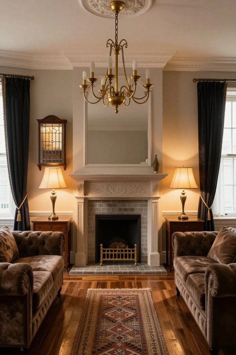A traditional living room with two tufted brown velvet sofas facing each other across a colorful oriental rug in front of a carved white fireplace, lit by a brass chandelier and table lamps beside dark curtained windows.