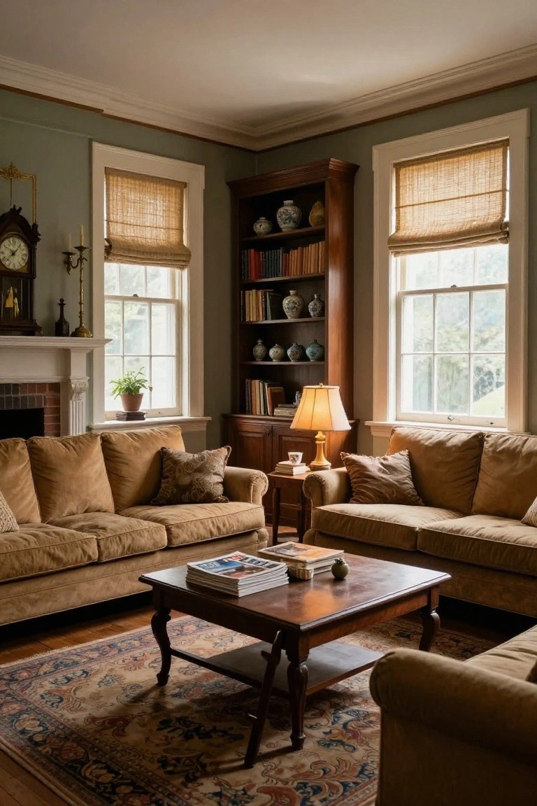 Traditional living room featuring two tan upholstered sofas facing each other across a wooden coffee table on a patterned rug, sage green walls, wooden bookcases, a brick fireplace, and bamboo shades on multipane windows.