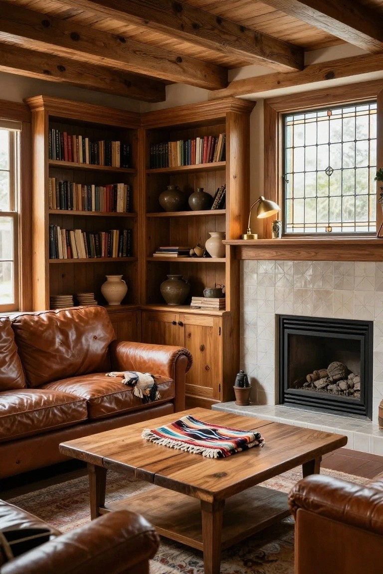 A traditional living room with exposed wooden beams on the ceiling, corner built-in bookshelves filled with books and ceramics, a beige tiled fireplace, brown leather sofas and chairs, a wooden coffee table with a colorful woven blanket, and a patterned rug on the floor.