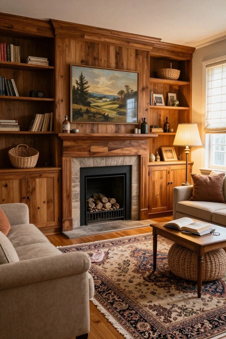 A traditional living room with rich wood paneling and built-in bookshelves surrounding a stone fireplace stacked with logs, plus a beige sofa, wood coffee table, and patterned rug on hardwood floors.