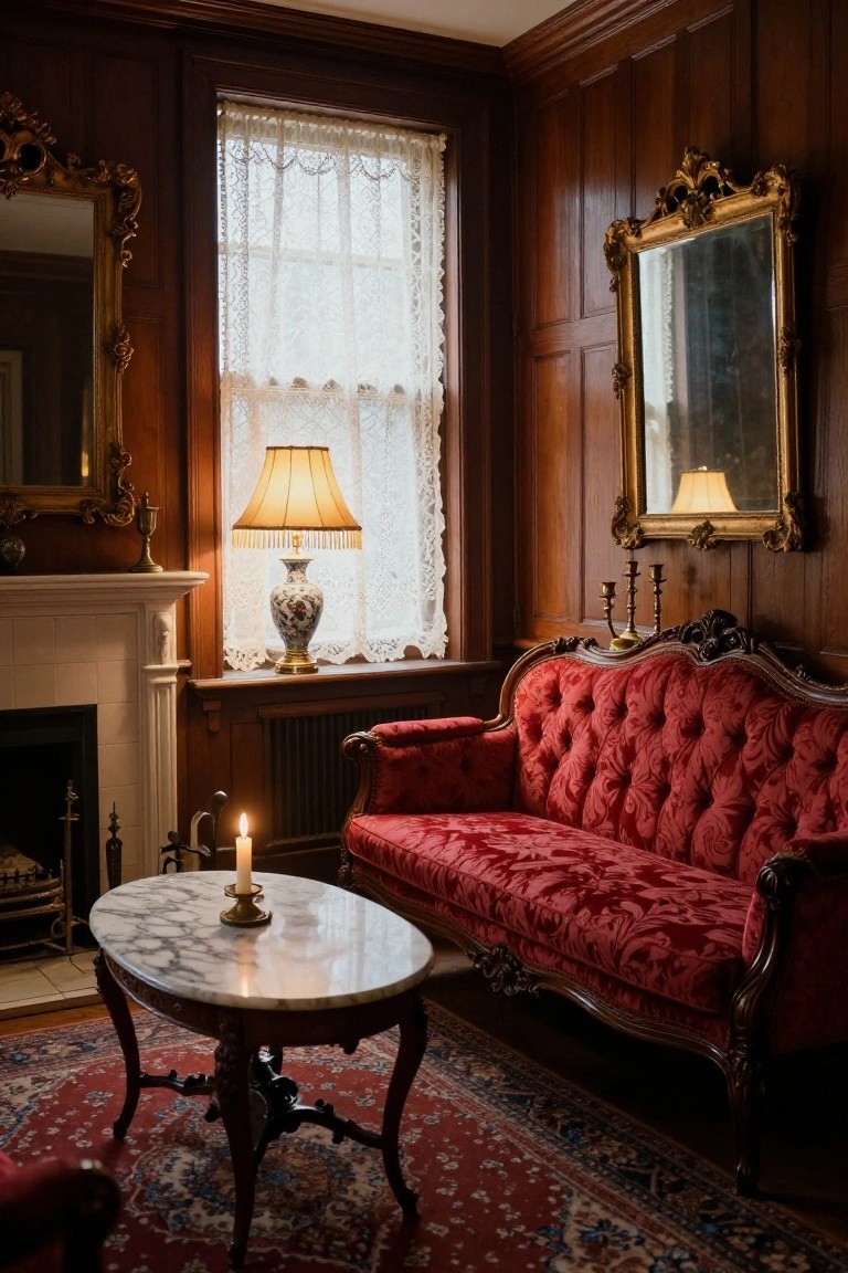 Dark wood-paneled living room with red velvet sofa, marble coffee table holding a candle, porcelain lamp by window, fireplace, gilded mirrors, and fringed lamp shade.