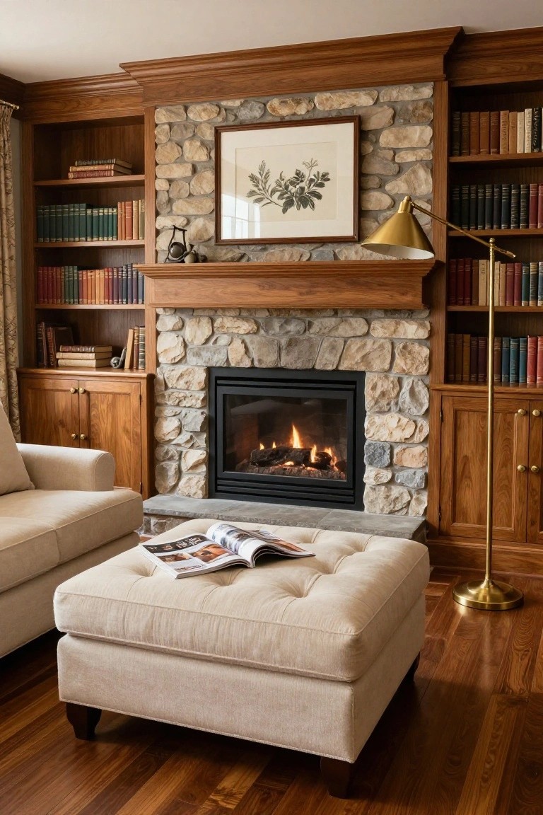 A traditional living room with a stone-surround gas fireplace flanked by tall wooden built-in bookshelves filled with books, a cream sofa, tufted ottoman with an open magazine, brass arched floor lamp, and hardwood floors.