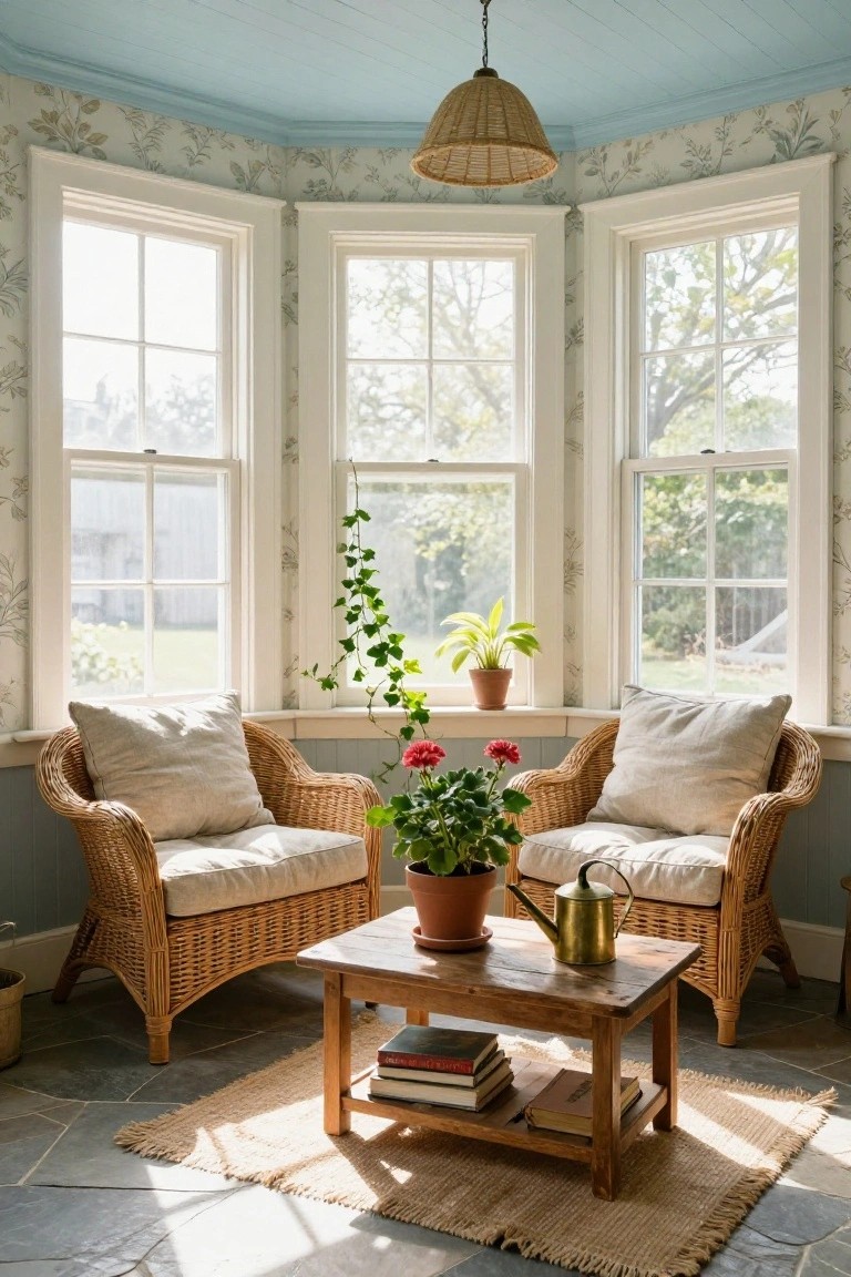 Sunlit bay window corner room featuring two wicker armchairs with white cushions, wooden coffee table with stacked books, potted plants and geraniums, brass watering can, leafy wallpaper on walls, blue painted ceiling, and slate tile floor with jute rug.
