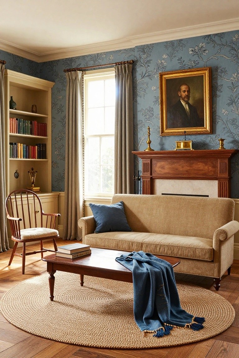 Living room interior with blue floral wallpaper, beige sofa on a round jute rug, wooden coffee table, antique wing chair, bookshelves, and a fireplace.